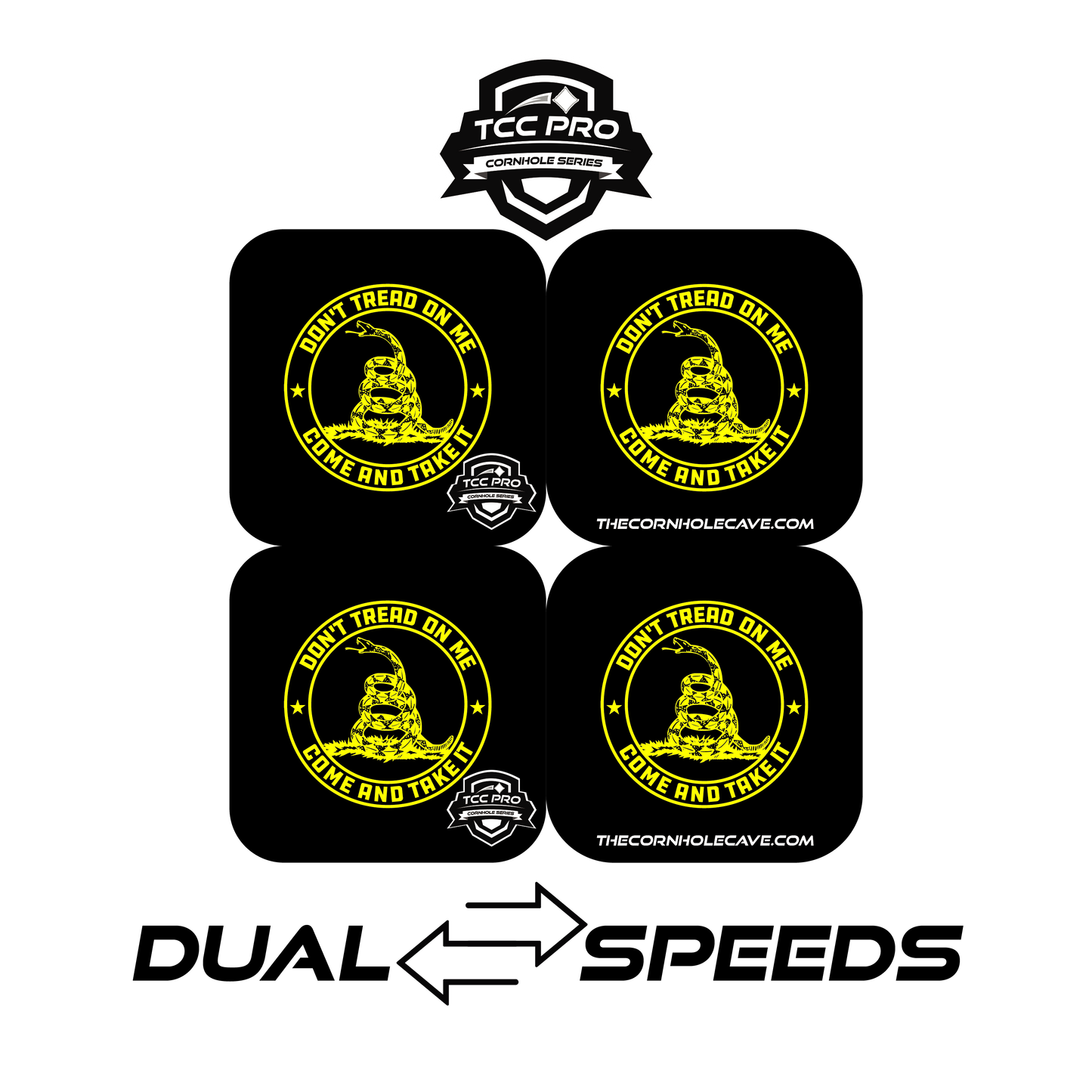 Elite Pro Cornhole Bags – Set of 4 - Extra Hole Friendly & 5x Longer Lasting - Black Don't Tread On Me