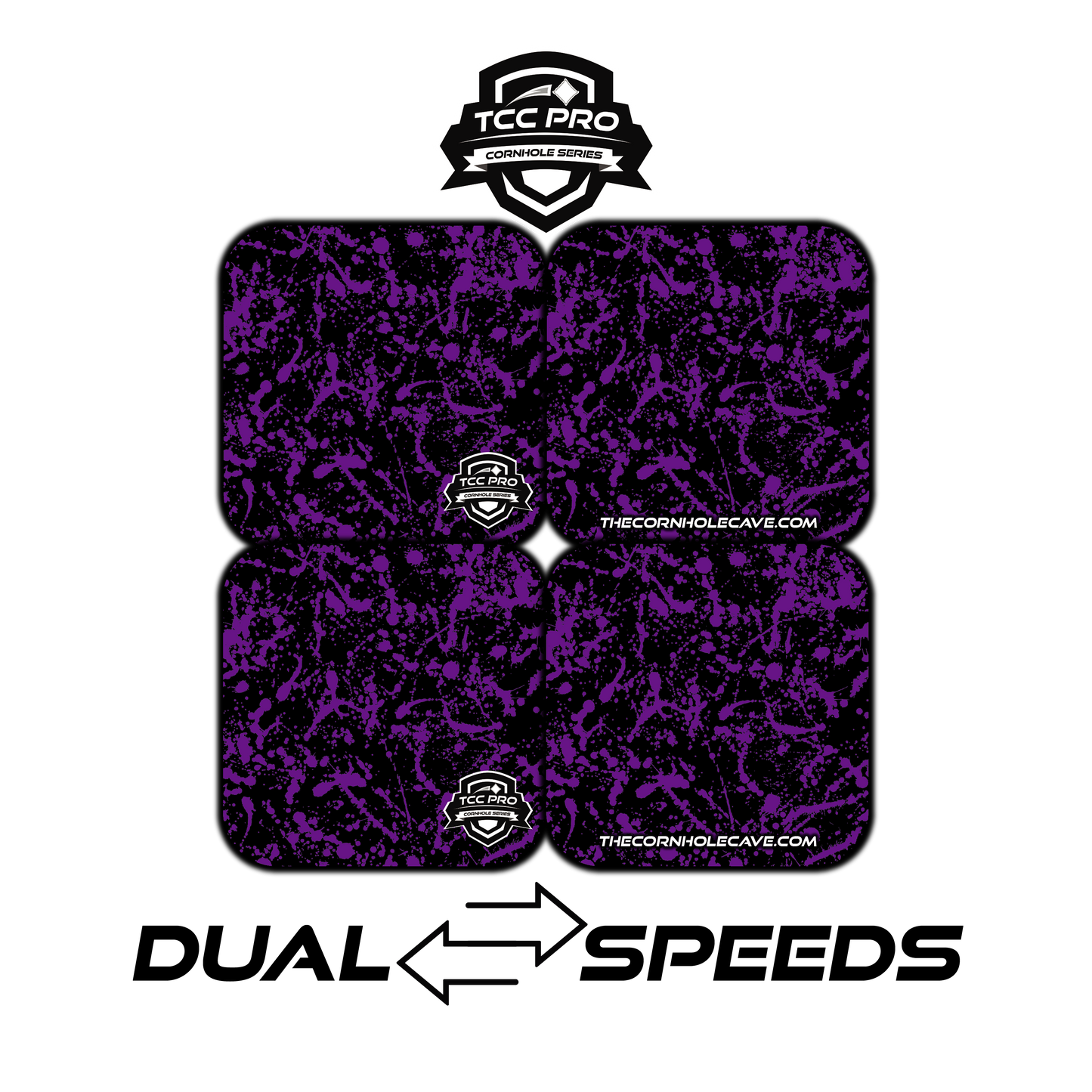 Elite Pro Cornhole Bags – Set of 4 - Extra Hole Friendly & 5x Longer Lasting - Black Purple Paint Splatter