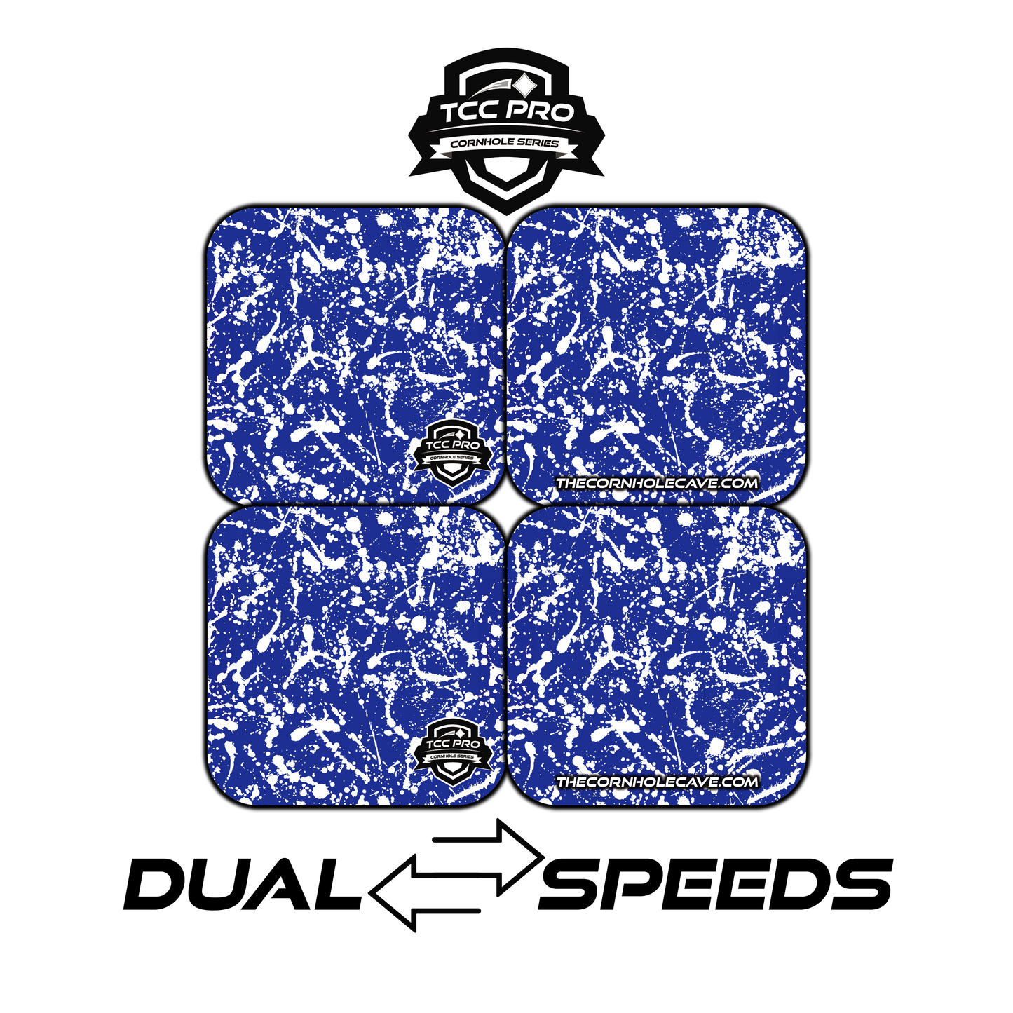 Elite Pro Cornhole Bags – Set of 4 - Extra Hole Friendly & 5x Longer Lasting - Blue White Paint Splatter