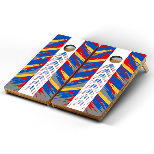 Professional Cornhole Boards – 5 Levels of Quality for Every Player - Blue Red Yellow Directional Grunge