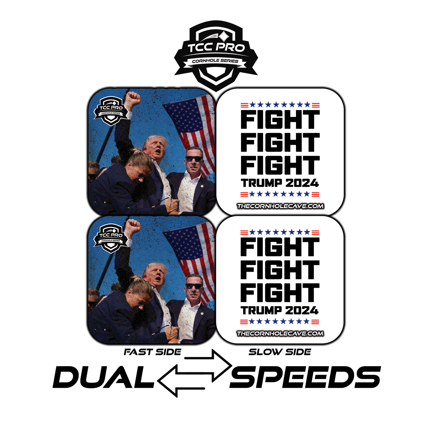 Elite Pro Cornhole Bags – Set of 4 - Extra Hole Friendly & 5x Longer Lasting - Fight Fight Fight Trump