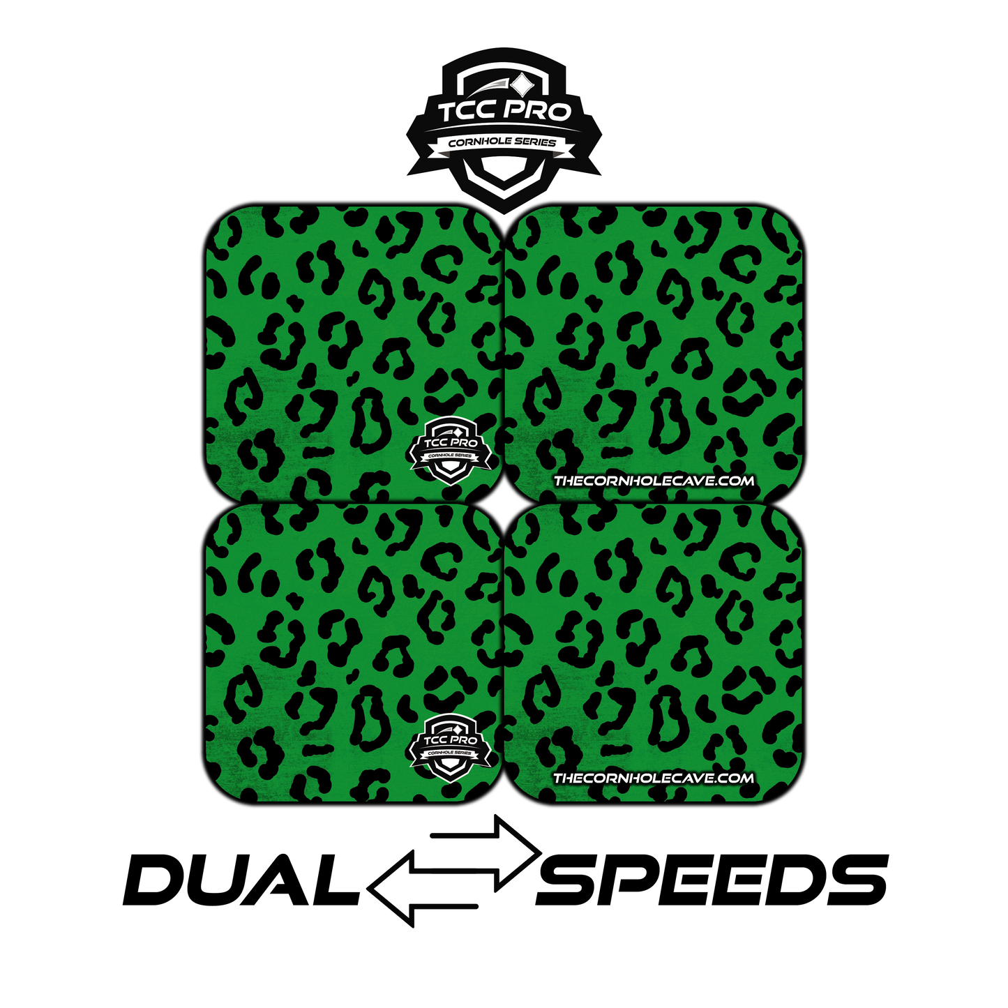 Elite Pro Cornhole Bags – Set of 4 - Extra Hole Friendly & 5x Longer Lasting - Green Black Leopard