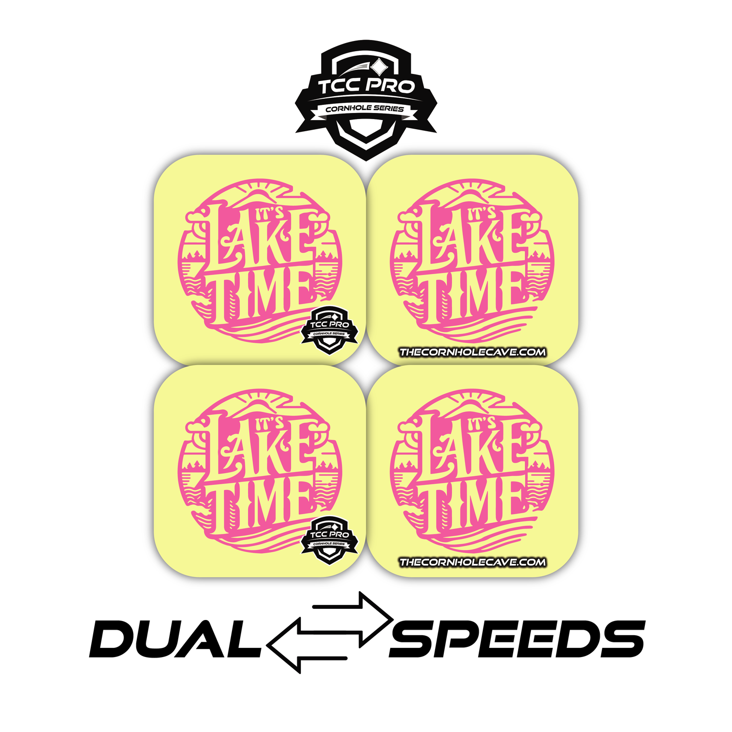 Elite Pro Cornhole Bags – Set of 4 - Extra Hole Friendly & 5x Longer Lasting - It's Lake Time Yellow Pink