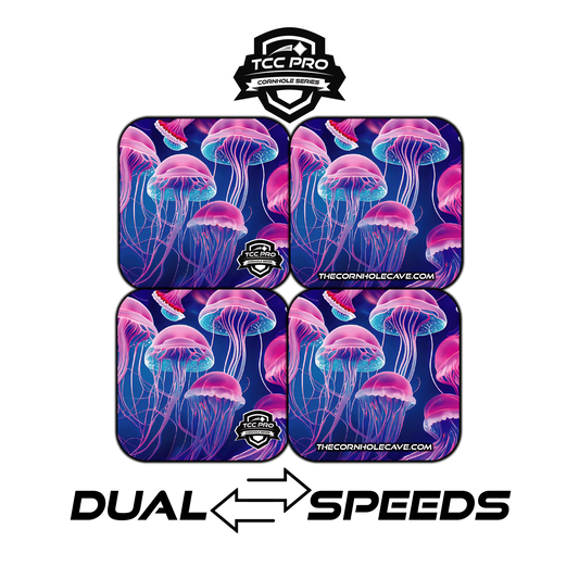 Elite Pro Cornhole Bags –  Set of 4 - Extra Hole Friendly & 5x Longer Lasting - Neon Jellyfish