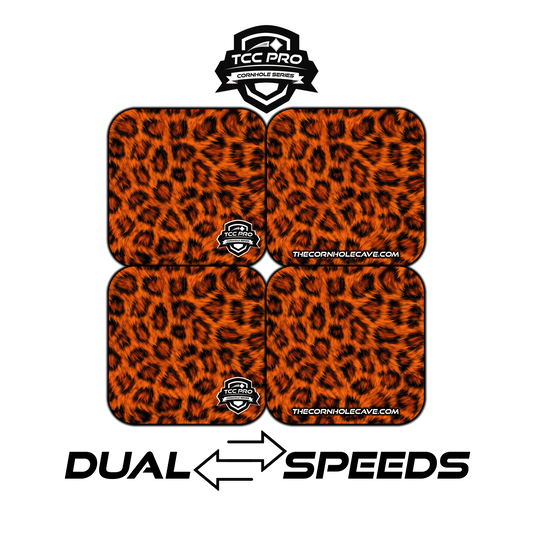 Elite Pro Cornhole Bags –  Set of 4 - Extra Hole Friendly & 5x Longer Lasting - Orange Leopard