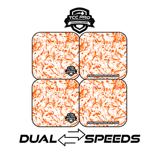 Elite Pro Cornhole Bags –  Set of 4 - Extra Hole Friendly & 5x Longer Lasting - Orange White Paint Splatter #2