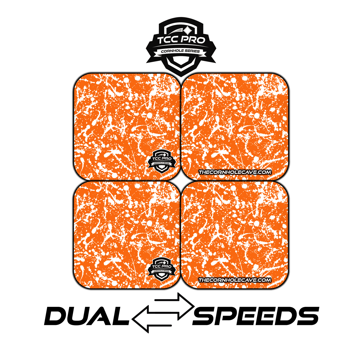 Elite Pro Cornhole Bags – Set of 4 - Extra Hole Friendly & 5x Longer Lasting - Orange White Paint Splatter