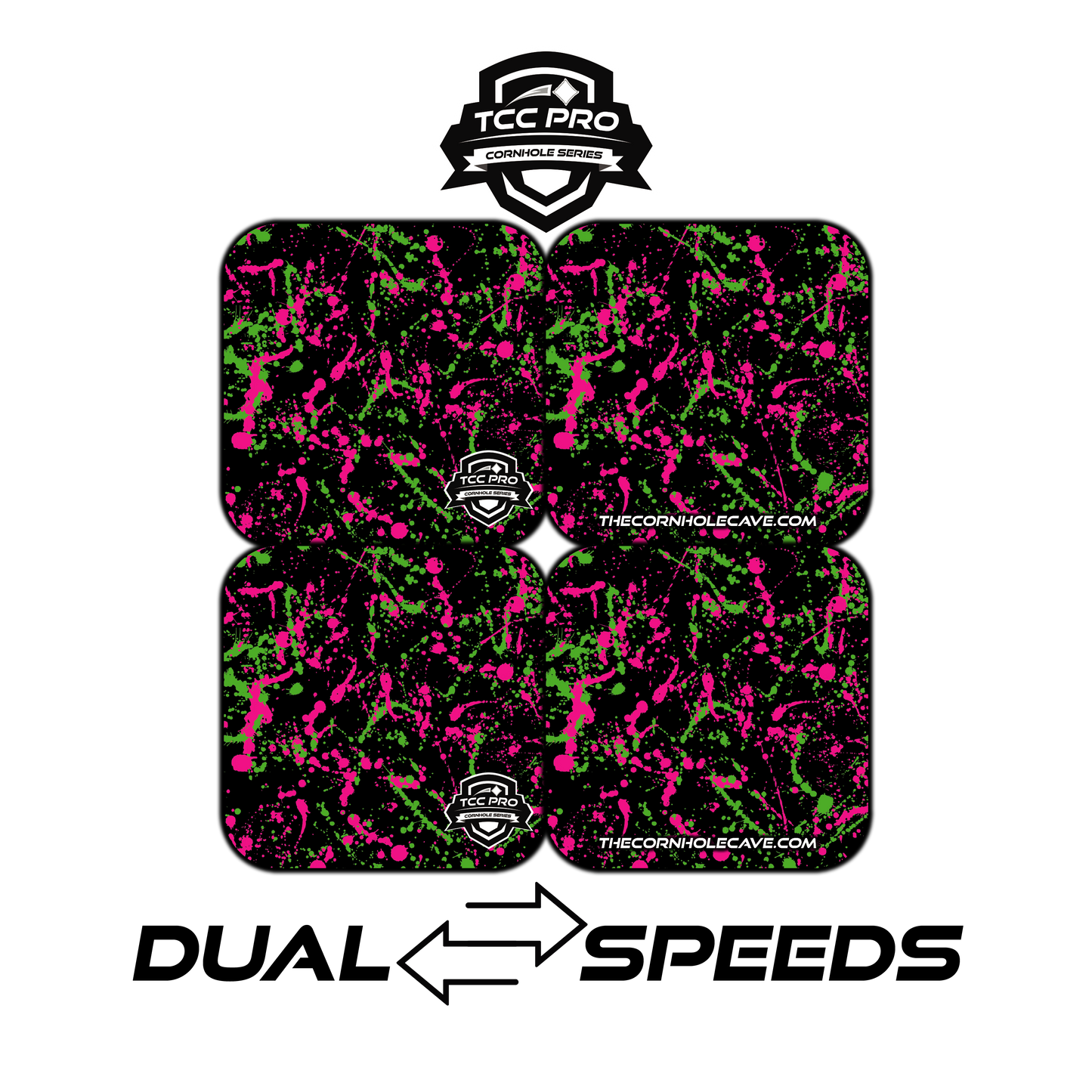Elite Pro Cornhole Bags – Set of 4 - Extra Hole Friendly & 5x Longer Lasting - Pink Green Paint Splatters