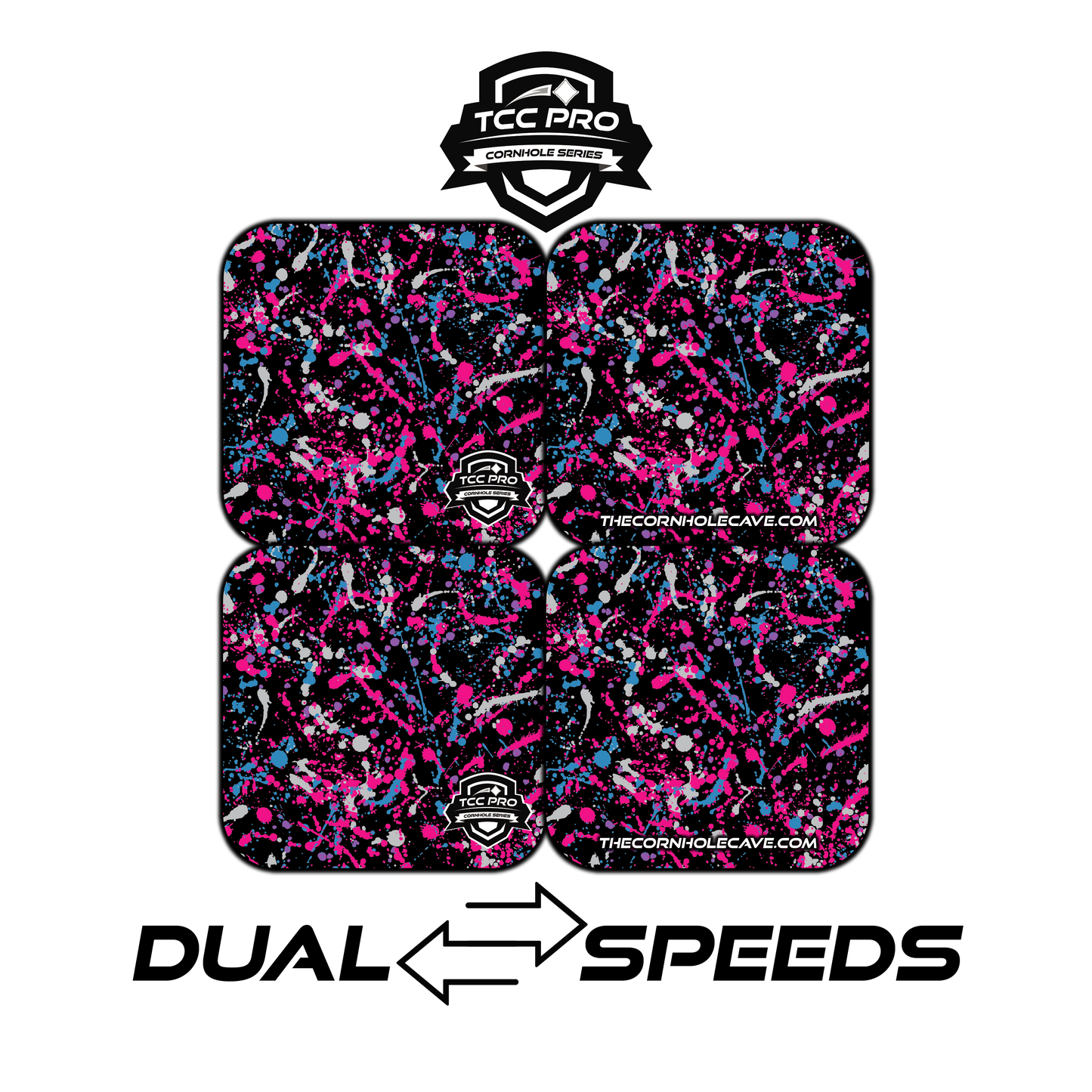 Elite Pro Cornhole Bags – Set of 4 - Extra Hole Friendly & 5x Longer Lasting - Pink Grey Blue Paint Splatter