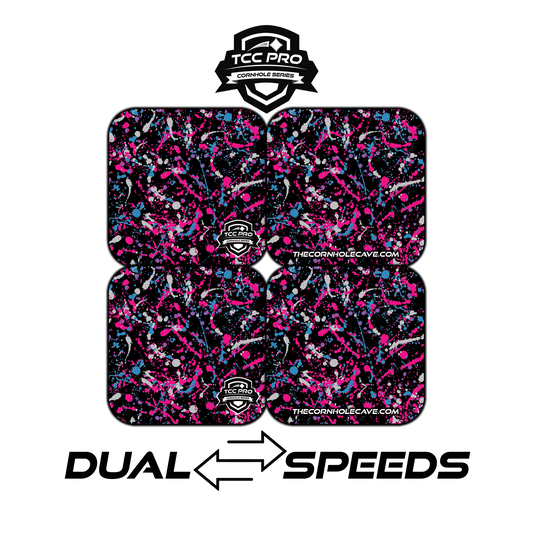 Elite Pro Cornhole Bags –  Set of 4 - Extra Hole Friendly & 5x Longer Lasting - Pink Grey Blue Paint Splatter