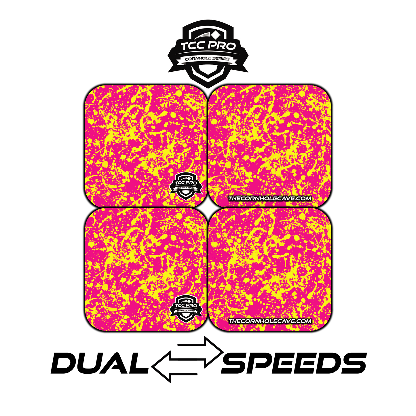 Elite Pro Cornhole Bags – Set of 4 - Extra Hole Friendly & 5x Longer Lasting - Pink Yellow Paint Splatter