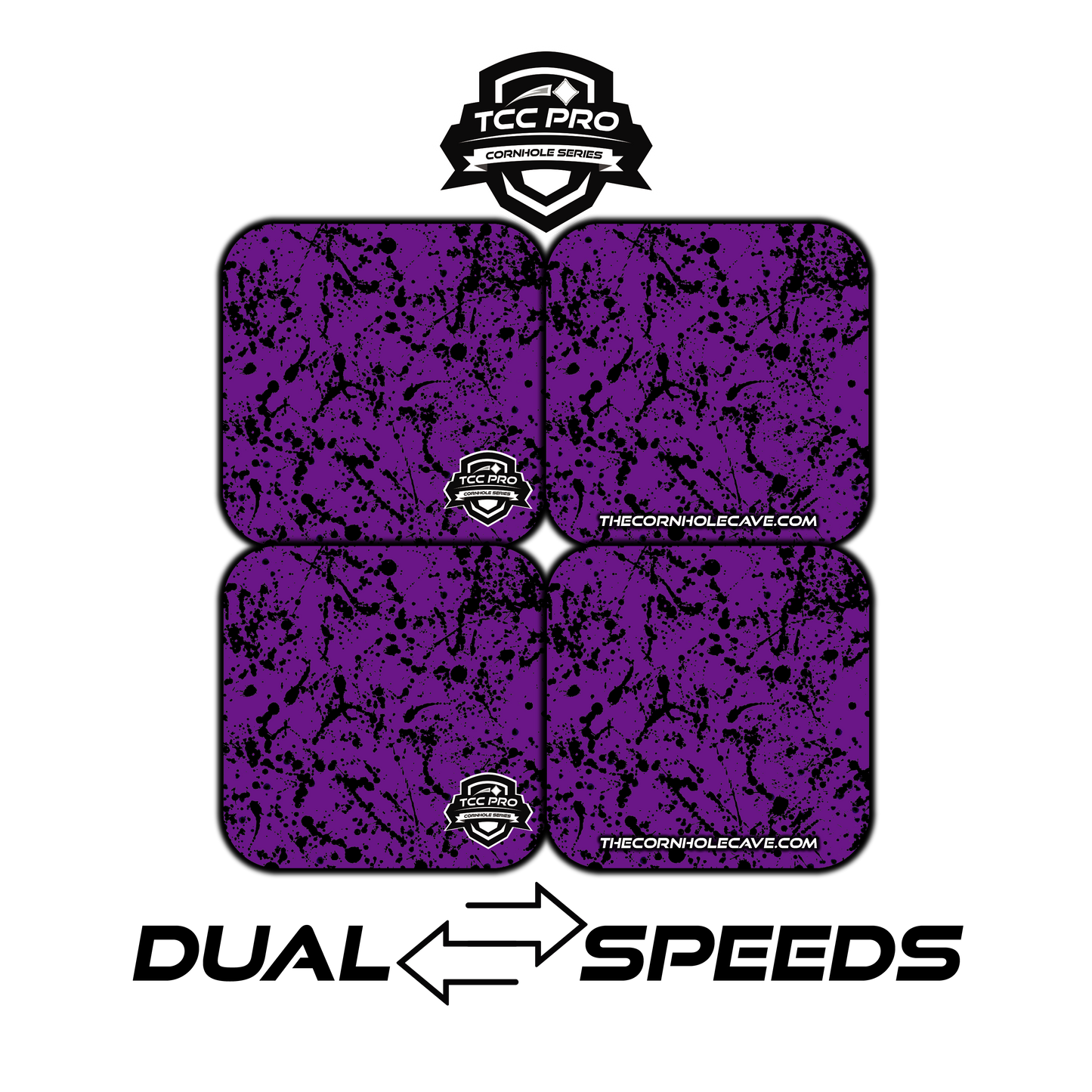 Elite Pro Cornhole Bags – Set of 4 - Extra Hole Friendly & 5x Longer Lasting - Purple Black Paint Splatter