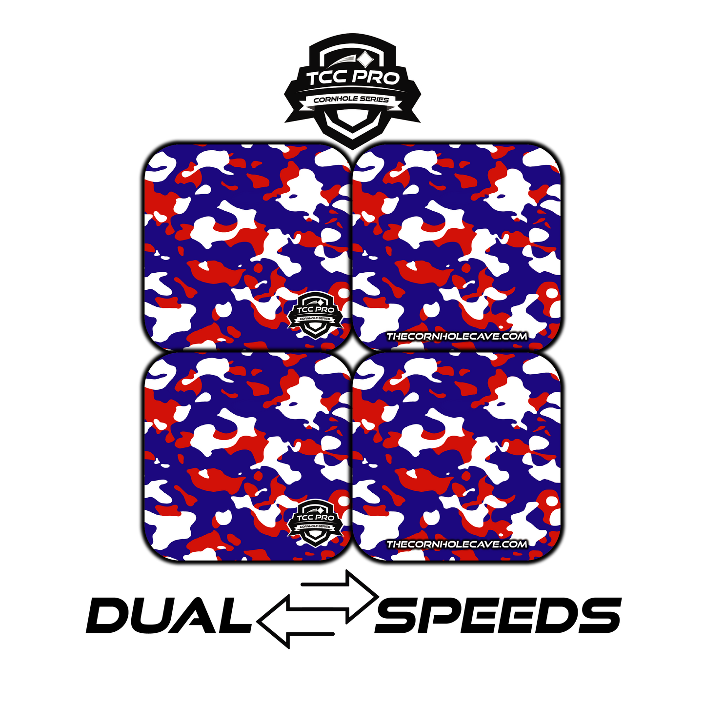 Elite Pro Cornhole Bags – Set of 4 - Extra Hole Friendly & 5x Longer Lasting - Red White & Blue Camo