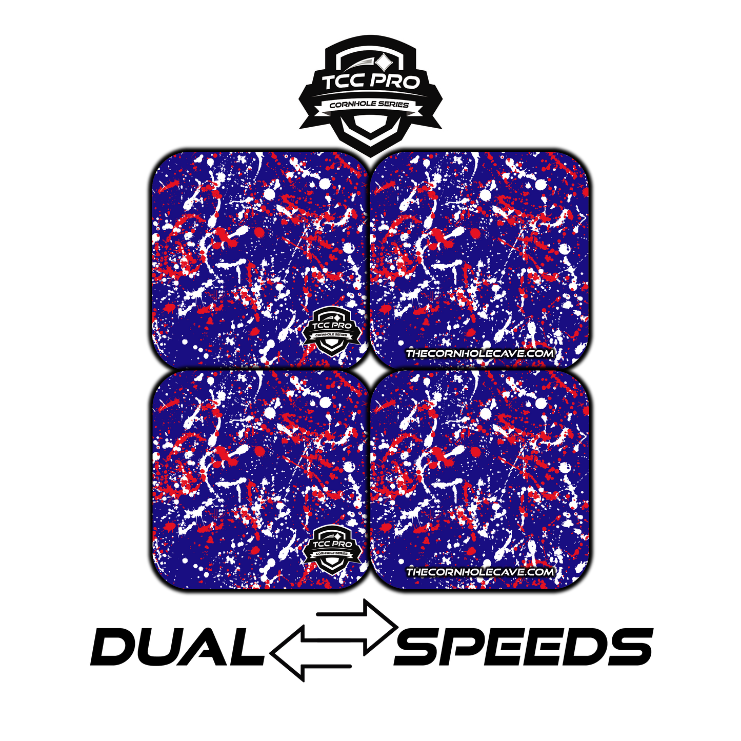 Elite Pro Cornhole Bags – Set of 4 - Extra Hole Friendly & 5x Longer Lasting - Red White & Blue Paint Splatter