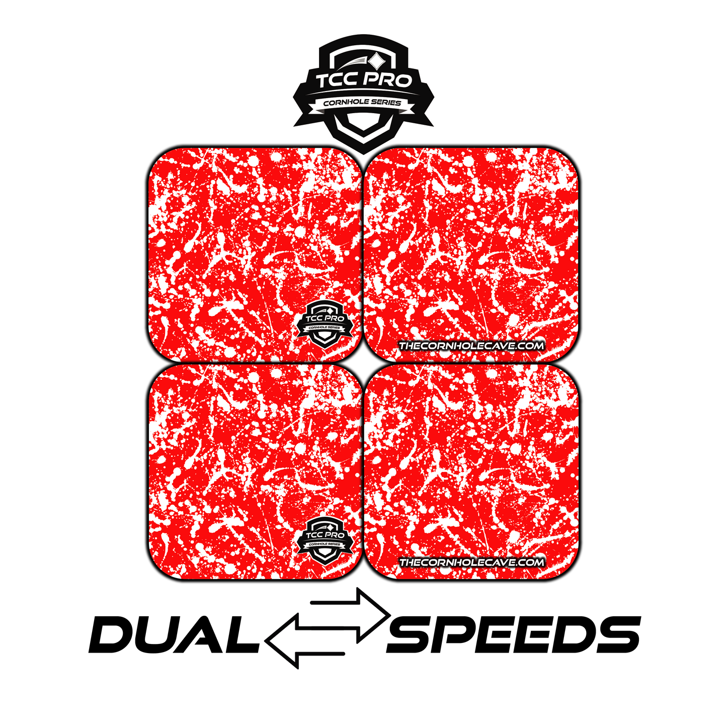 Elite Pro Cornhole Bags – Set of 4 - Extra Hole Friendly & 5x Longer Lasting - Red White Paint Splatter