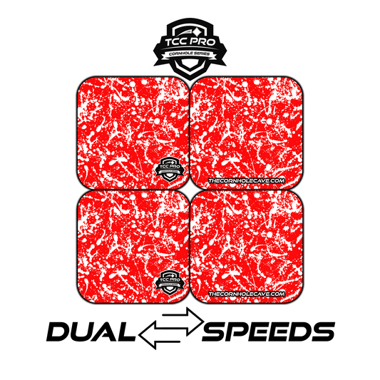 Elite Pro Cornhole Bags –  Set of 4 - Extra Hole Friendly & 5x Longer Lasting - Red White Paint Splatter