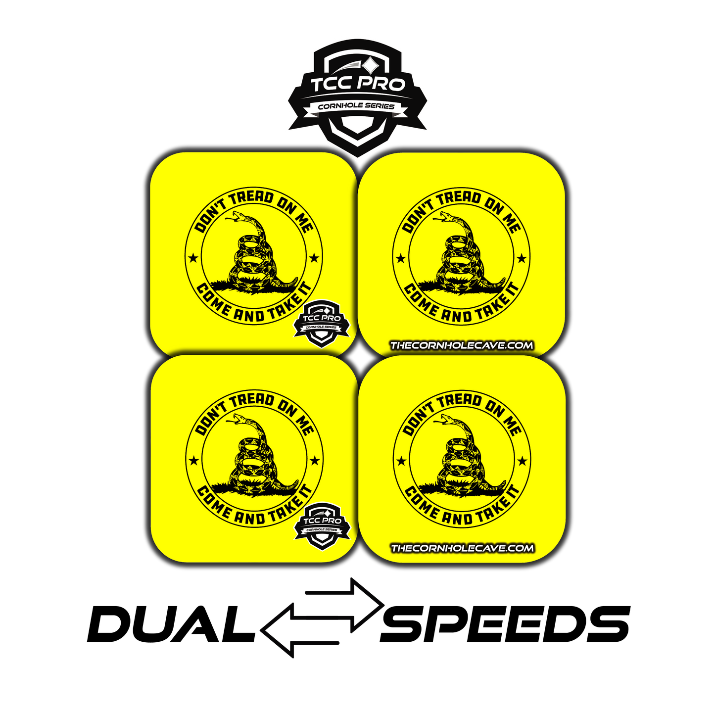 Elite Pro Cornhole Bags – Set of 4 - Extra Hole Friendly & 5x Longer Lasting - Yellow Don't Tread On Me