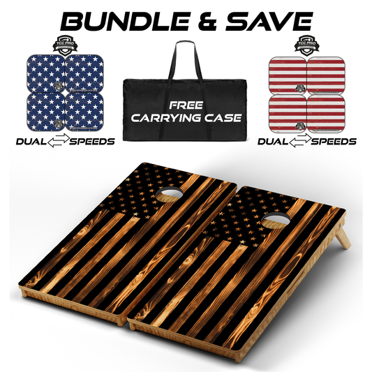 Ultimate Cornhole Bundle: Boards, Pro Bags, & Free Carrying Case ($50 Value) - Burnt USA Wood Flag