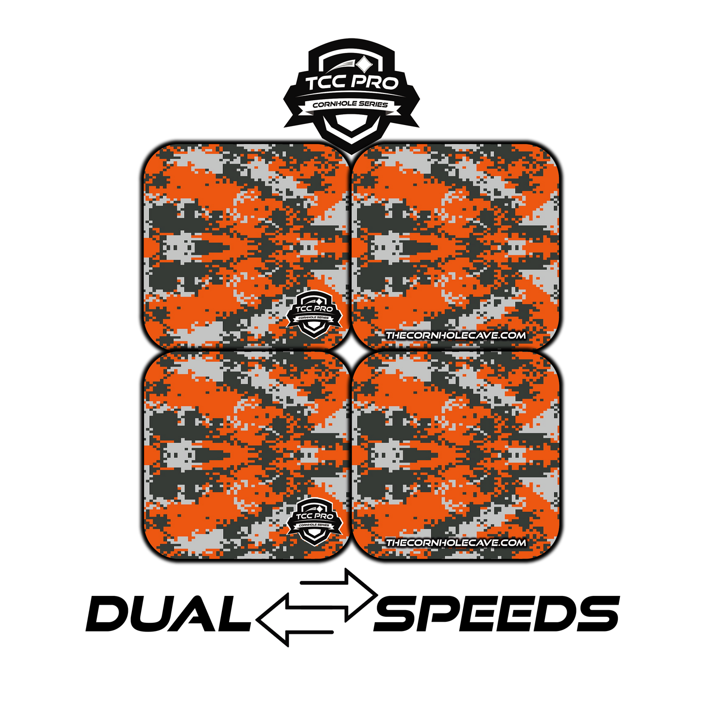 Elite Pro Cornhole Bags –  Set of 4 - Extra Hole Friendly & 5x Longer Lasting - Digital Camo Orange