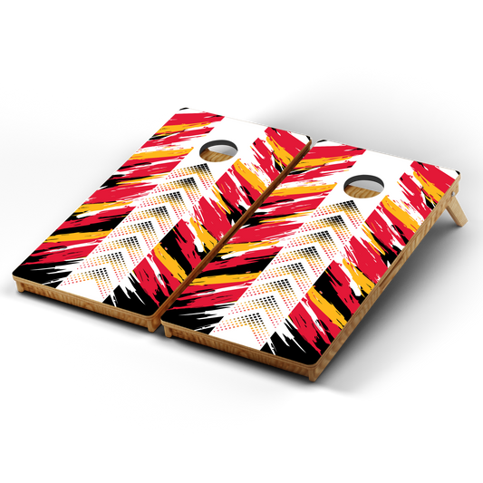 Professional Cornhole Boards – 5 Levels of Quality for Every Player - Red Yellow Black Directional Grunge