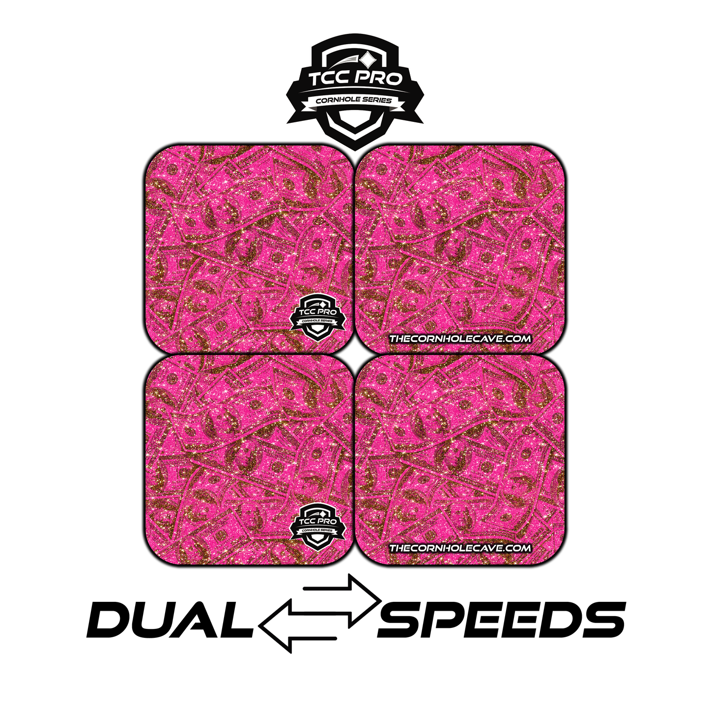 Elite Pro Cornhole Bags –  Set of 4 - Extra Hole Friendly & 5x Longer Lasting - Pink Glitter 100 Dollar Bills