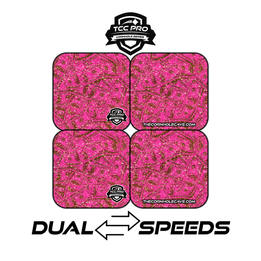 Elite Pro Cornhole Bags –  Set of 4 - Extra Hole Friendly & 5x Longer Lasting - Pink Glitter 100 Dollar Bills