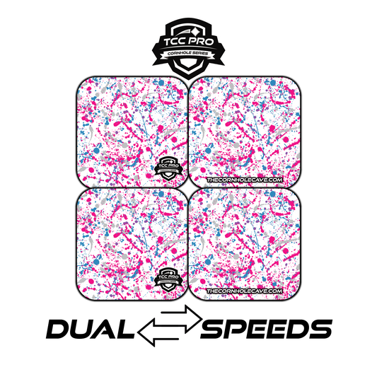Elite Pro Cornhole Bags –  Set of 4 - Extra Hole Friendly & 5x Longer Lasting - Pink Grey Blue Paint Splatter #2