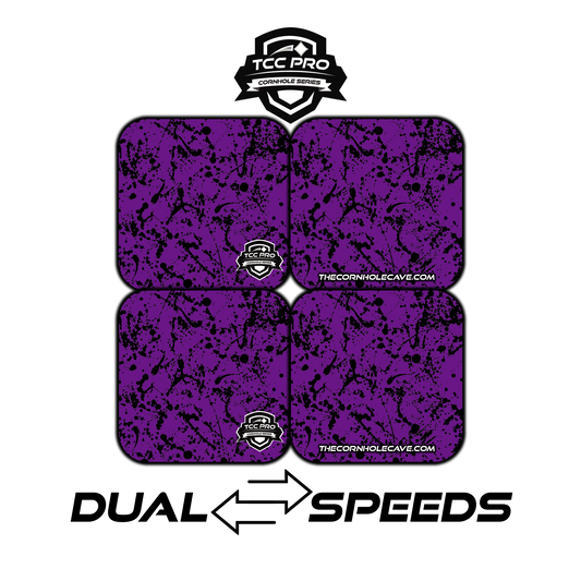 Elite Pro Cornhole Bags –  Set of 4 - Extra Hole Friendly & 5x Longer Lasting - Purple Black Paint Splatter