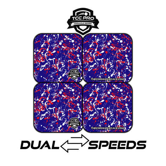 Elite Pro Cornhole Bags –  Set of 4 - Extra Hole Friendly & 5x Longer Lasting - Red White & Blue Paint Splatter