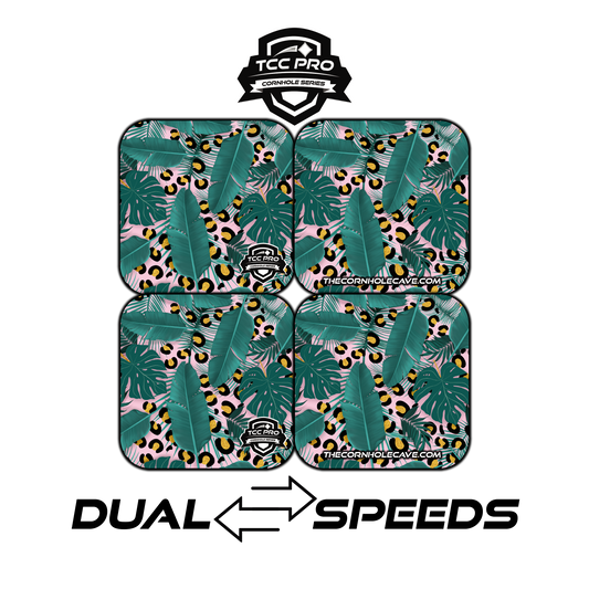 Elite Pro Cornhole Bags –  Set of 4 - Extra Hole Friendly & 5x Longer Lasting - Tropical Leaf Leopard