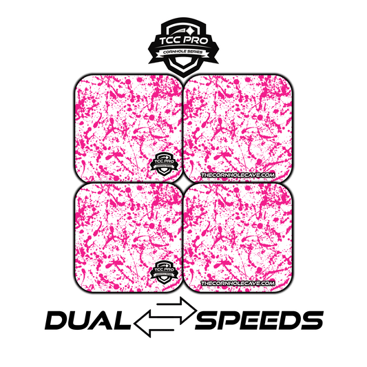 Elite Pro Cornhole Bags –  Set of 4 - Extra Hole Friendly & 5x Longer Lasting - White Pink Paint Splatter